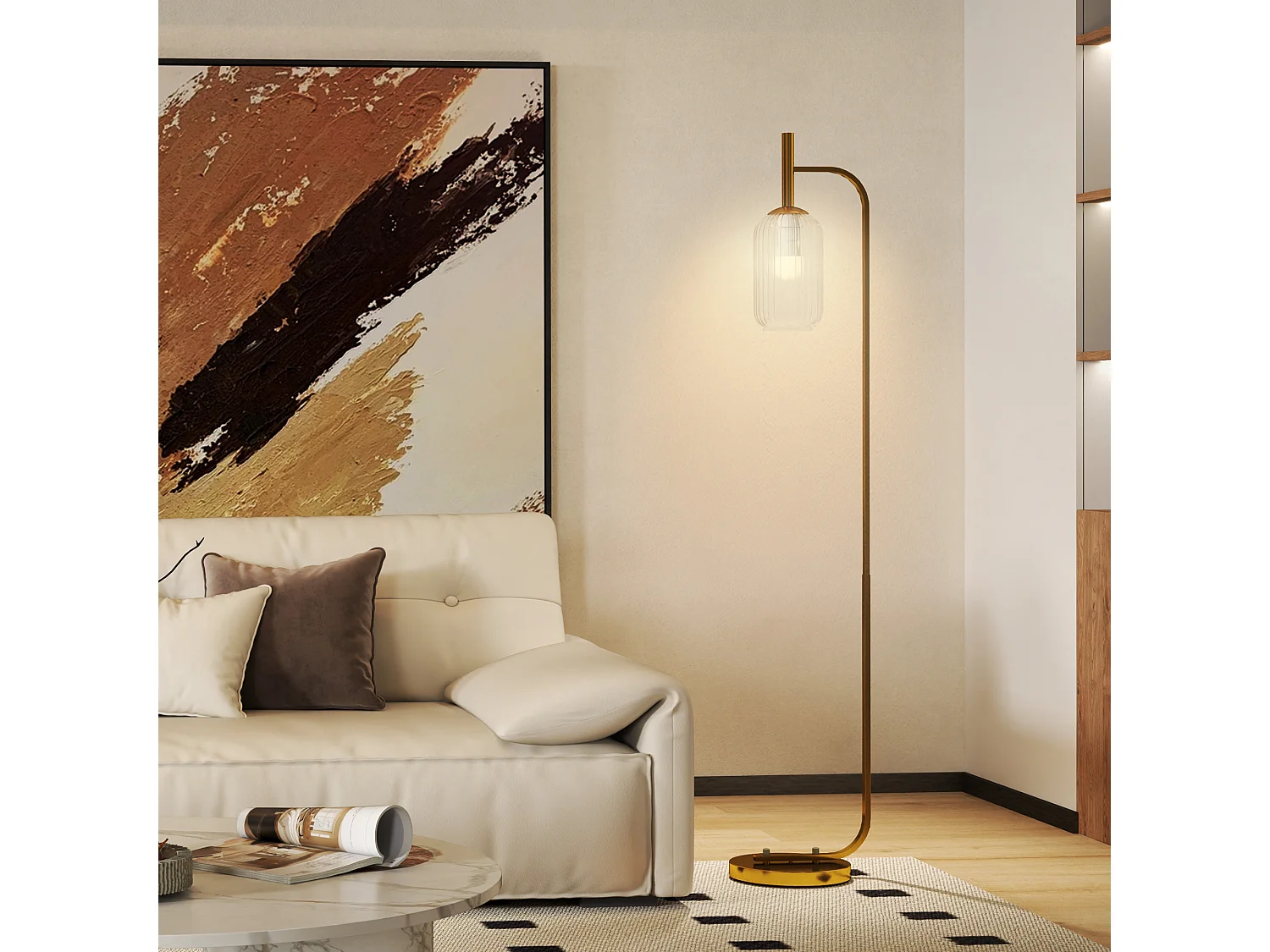 Lampadaire sur pied style rétro H.153 cm piètement mât métal doré abat-jour verre texturé