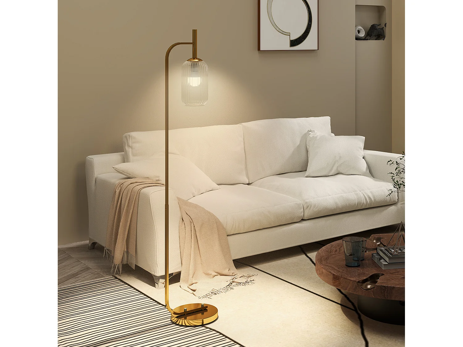 Lampadaire sur pied style rétro H.153 cm piètement mât métal doré abat-jour verre texturé