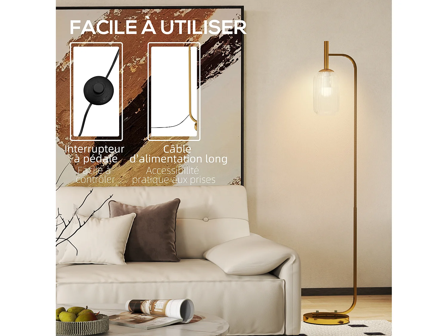 Lampadaire sur pied style rétro H.153 cm piètement mât métal doré abat-jour verre texturé