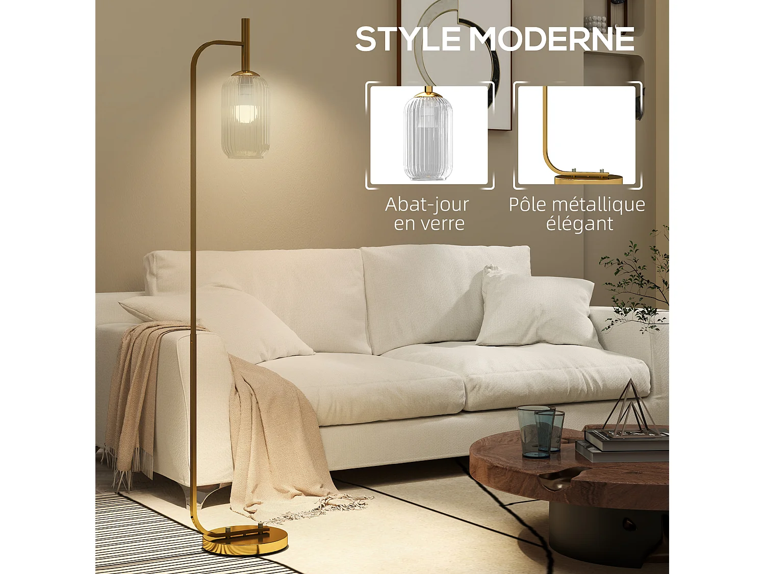 Lampadaire sur pied style rétro H.153 cm piètement mât métal doré abat-jour verre texturé