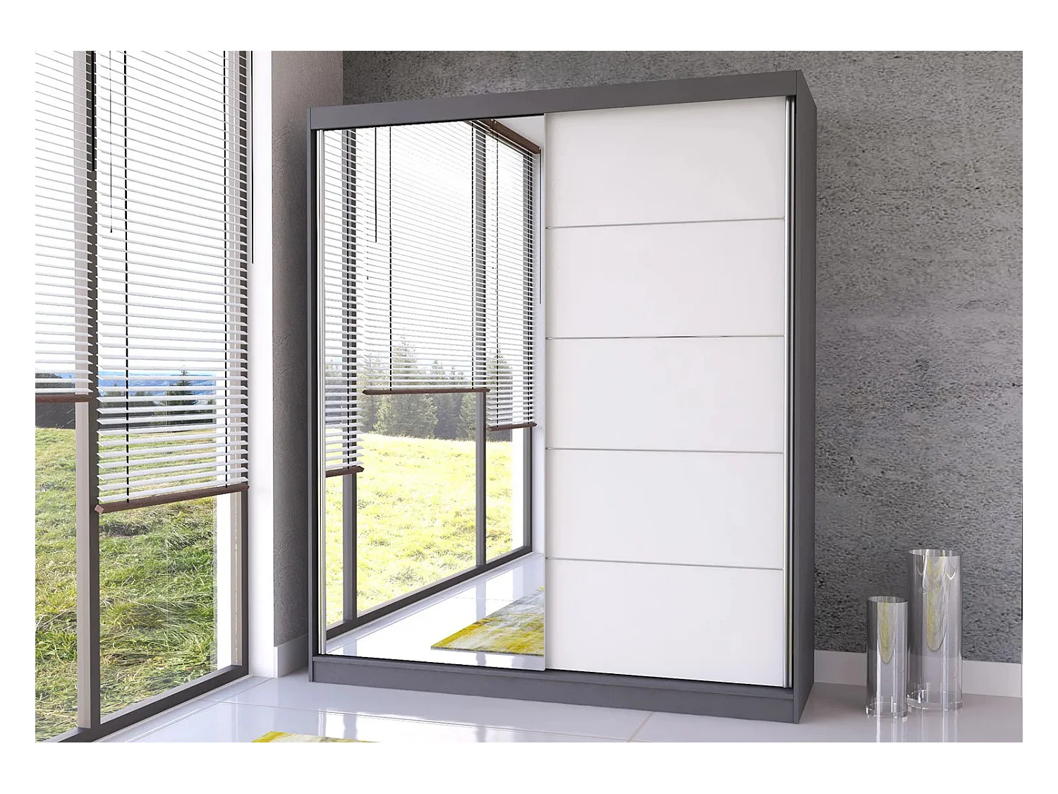 Armoire Ysalis 183 cm avec miroir - Gris - Blanc