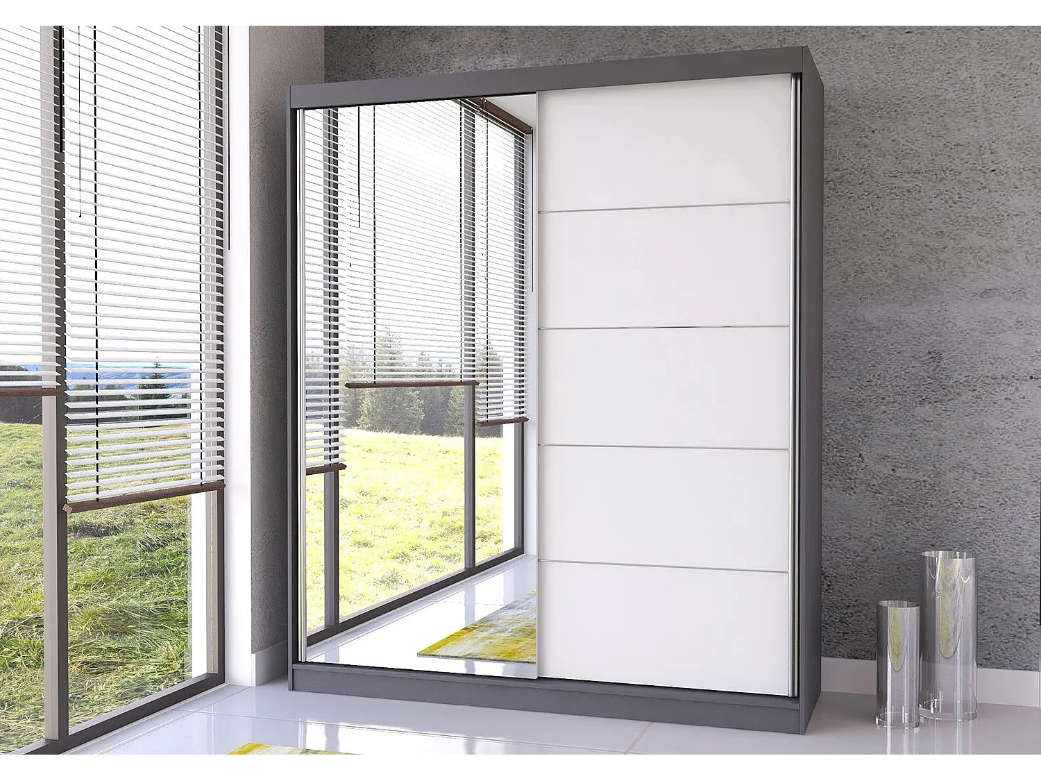 Armoire Ysalis 183 cm avec miroir - Gris - Blanc
