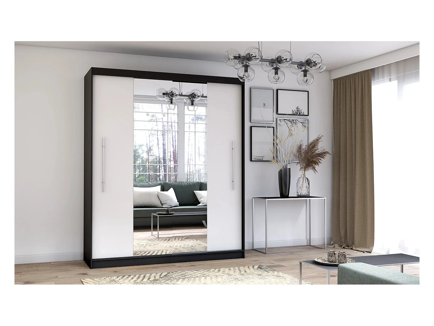 Armoire Eireen I 203 cm avec miroir - Noir - Blanc