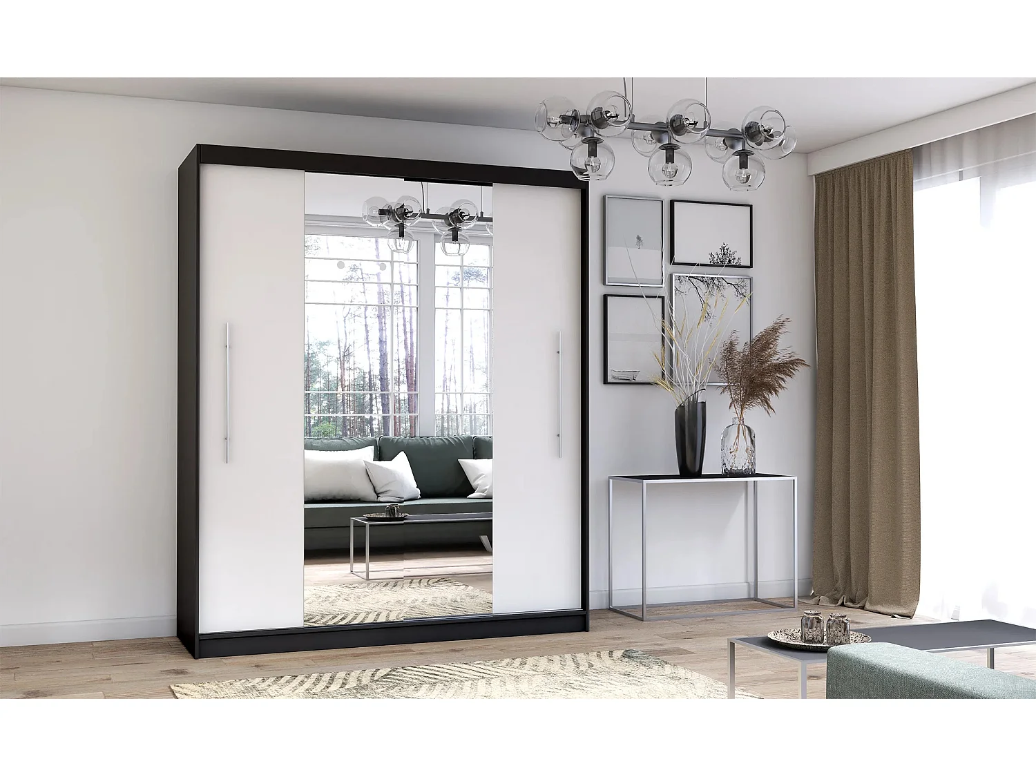 Armoire Eireen I 203 cm avec miroir - Noir - Blanc