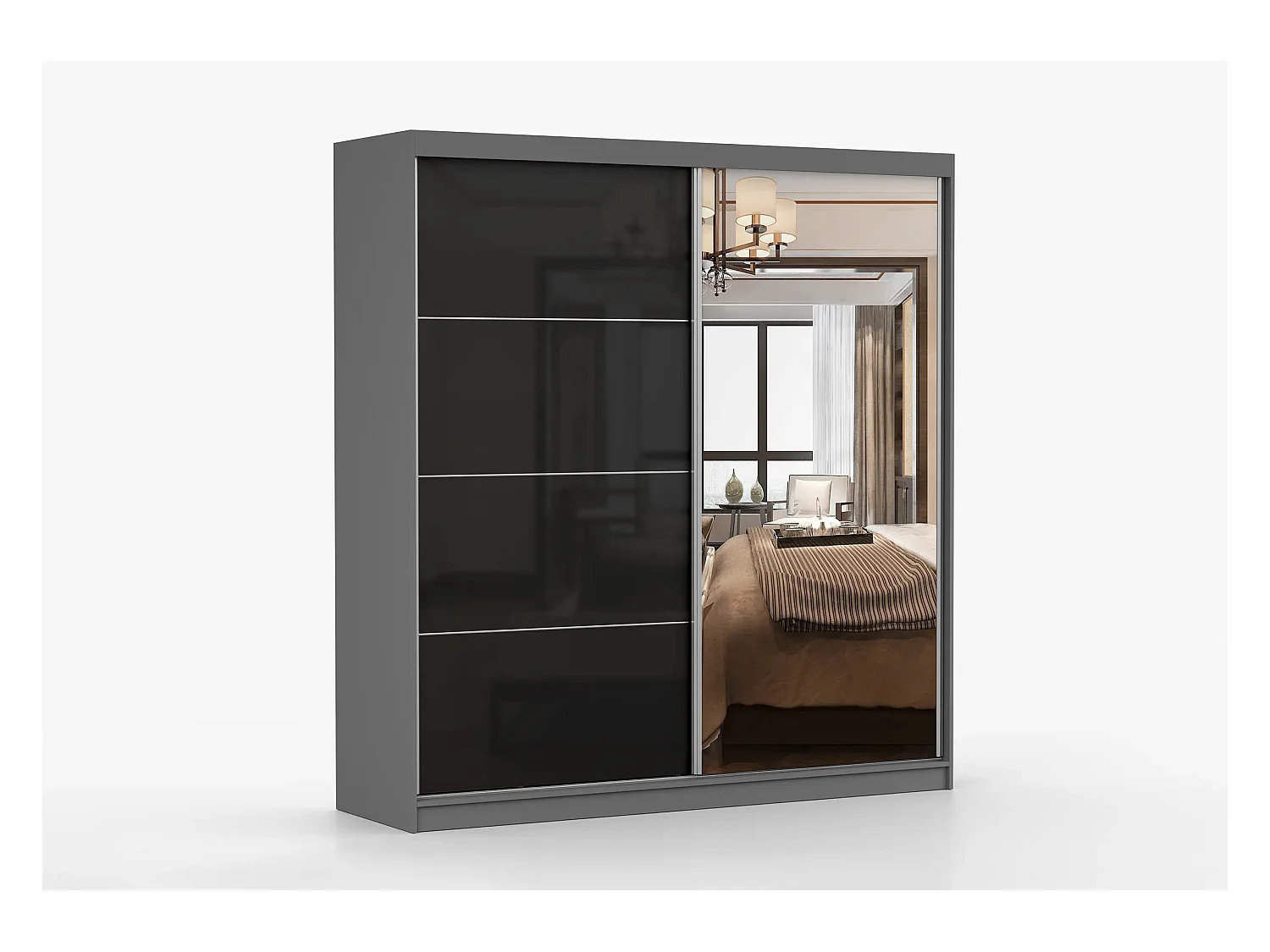 Armoire Calypso 233 cm avec miroir - Gris - Noir