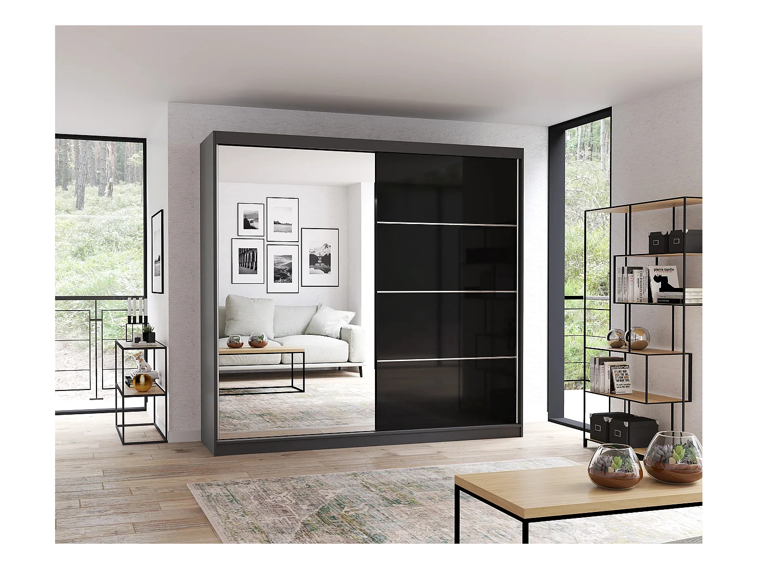 Armoire Calypso 233 cm avec miroir - Gris - Noir