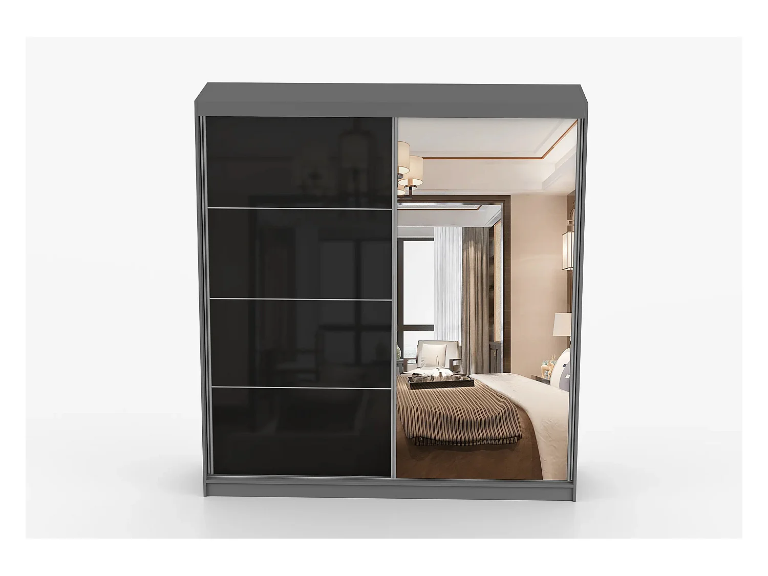 Armoire Calypso 233 cm avec miroir - Gris - Noir