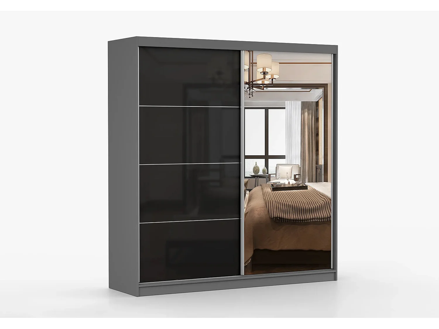 Armoire Calypso 233 cm avec miroir - Gris - Noir