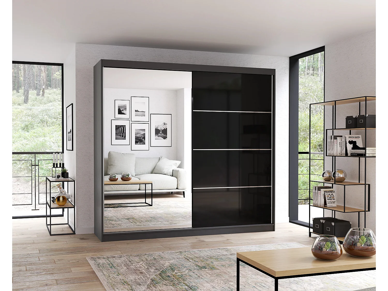 Armoire Calypso 233 cm avec miroir - Gris - Noir