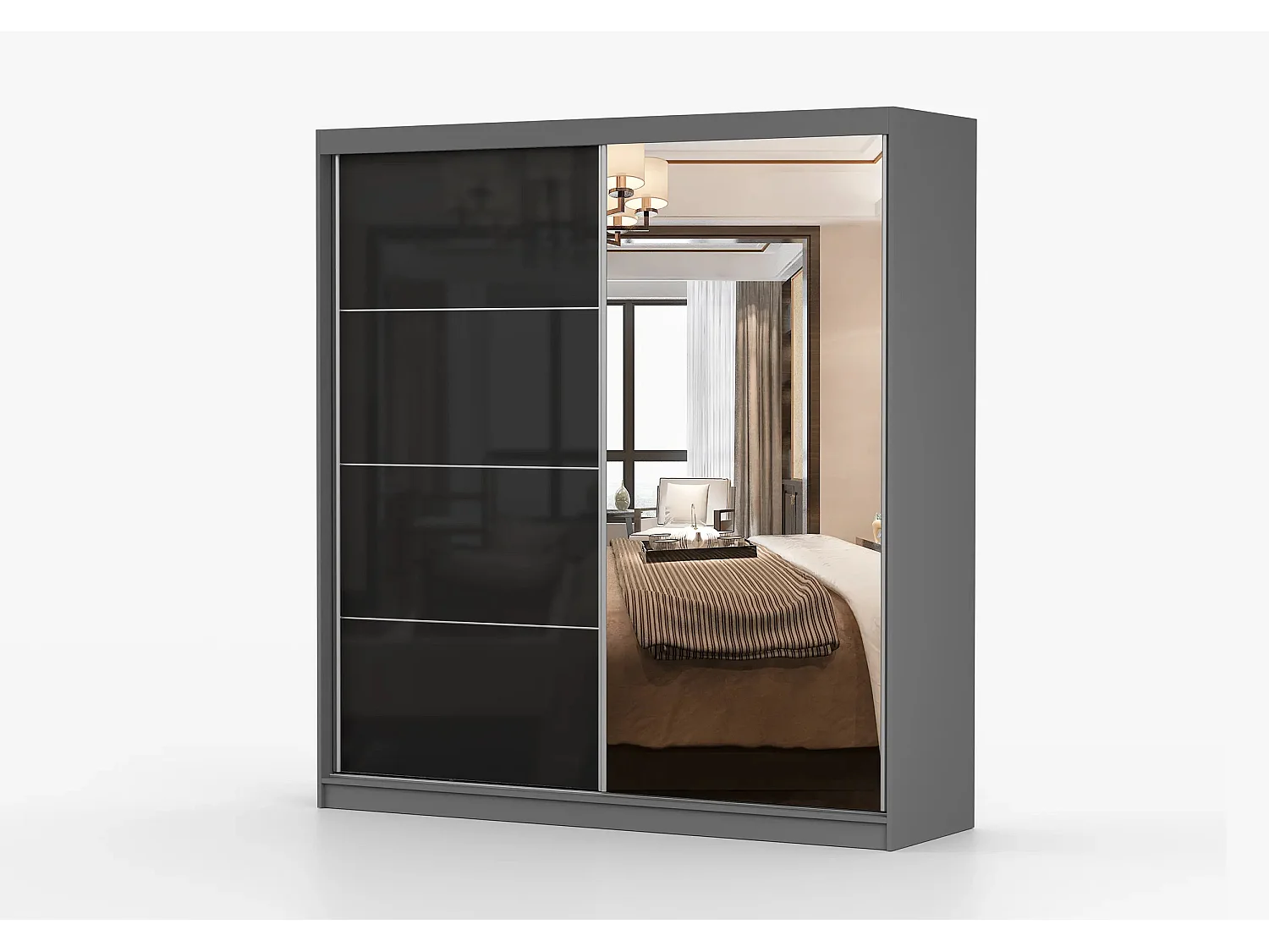 Armoire Calypso 233 cm avec miroir - Gris - Noir