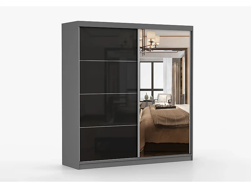 Armoire Calypso 233 cm avec miroir - Gris - Noir