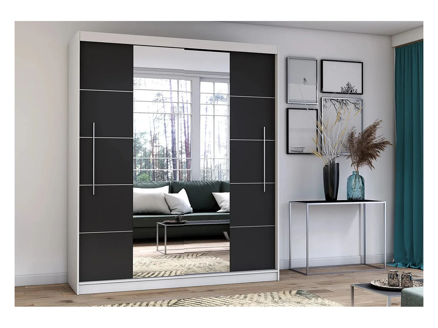 Armoire Orelia 203 cm avec miroir - Blanc - Noir