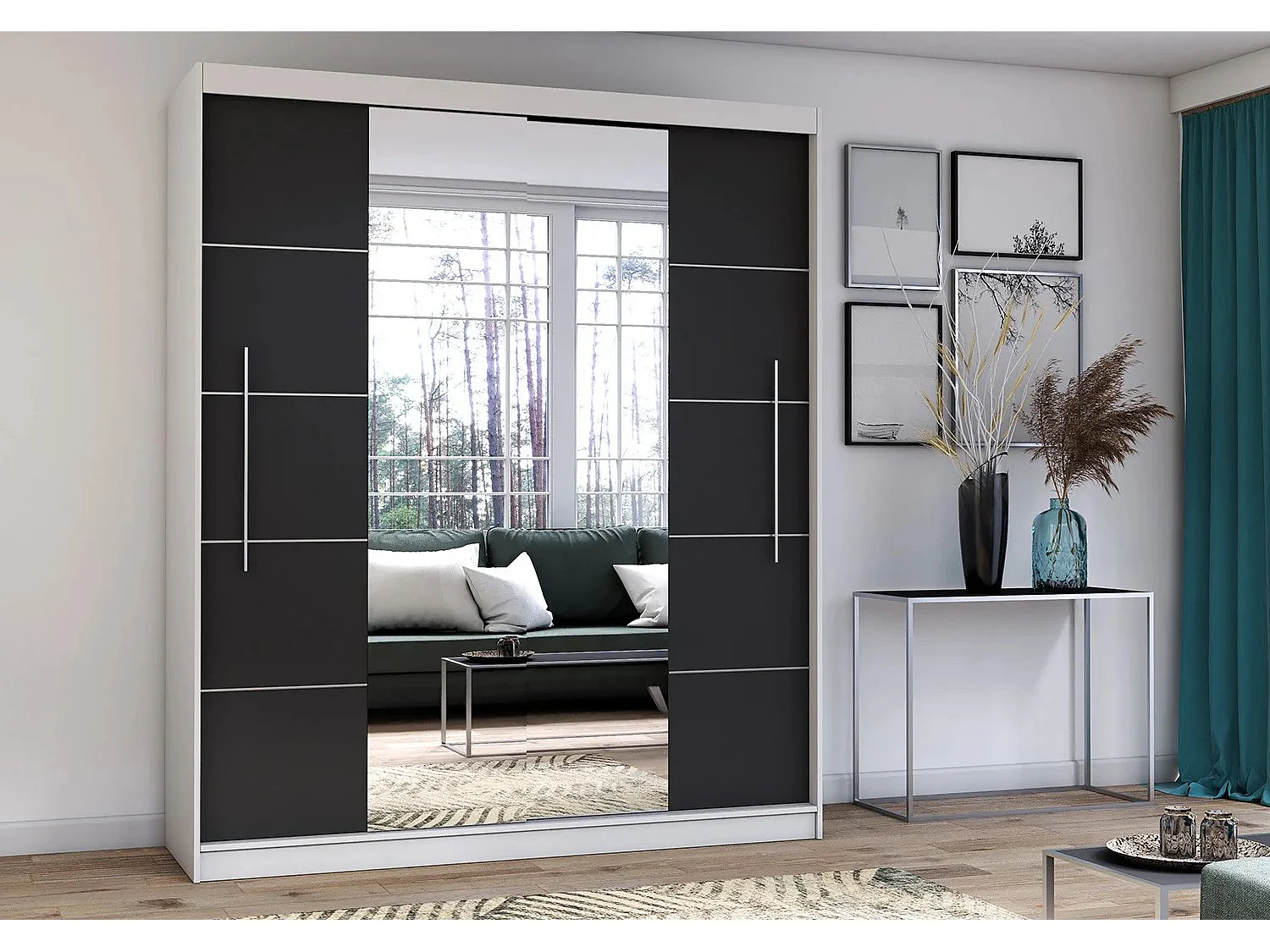Armoire Orelia 203 cm avec miroir - Blanc - Noir
