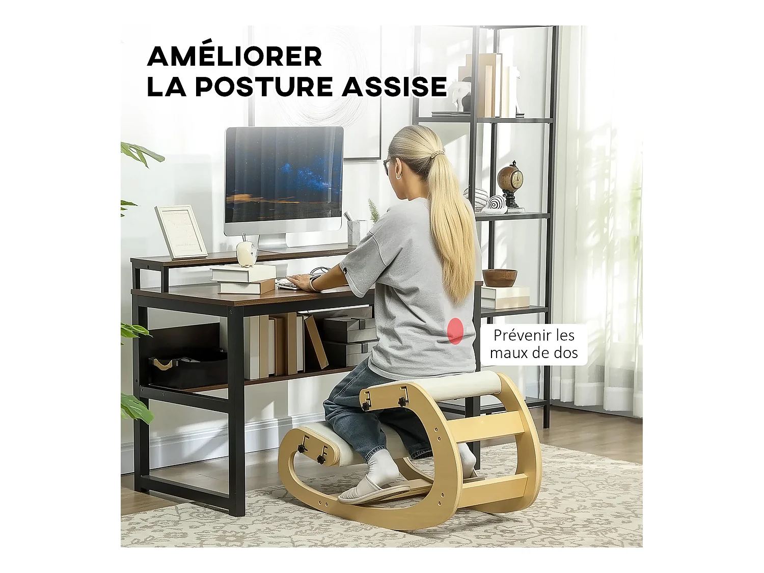 Siège ergonomique - siège assis-genoux - chaise assis genoux grand confort - bois bouleau tissu crème