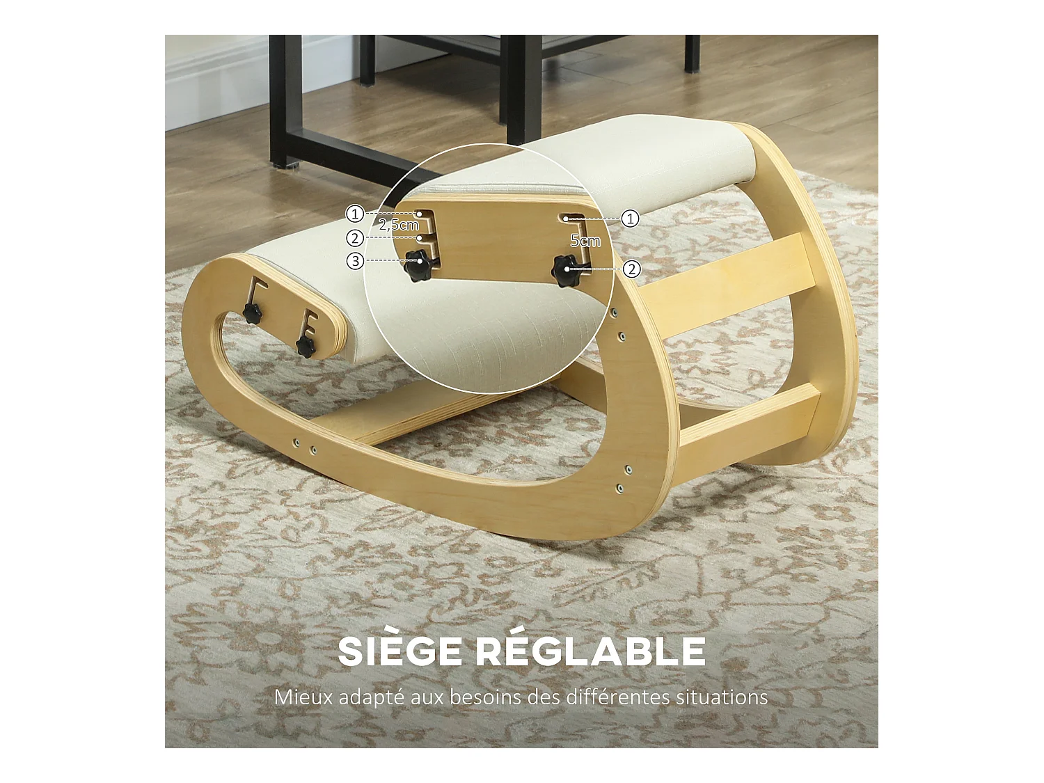 Siège ergonomique - siège assis-genoux - chaise assis genoux grand confort - bois bouleau tissu crème