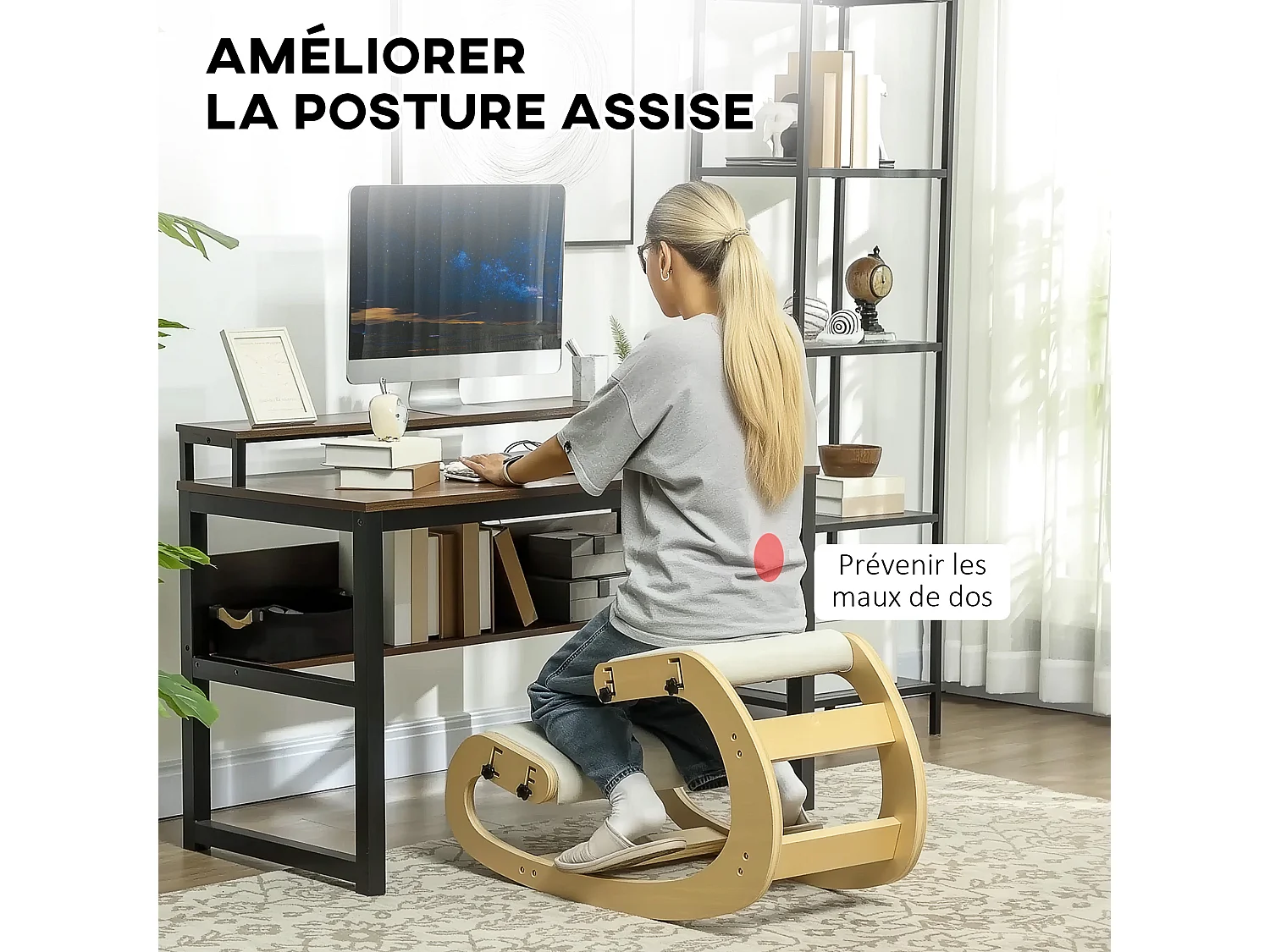 Siège ergonomique - siège assis-genoux - chaise assis genoux grand confort - bois bouleau tissu crème