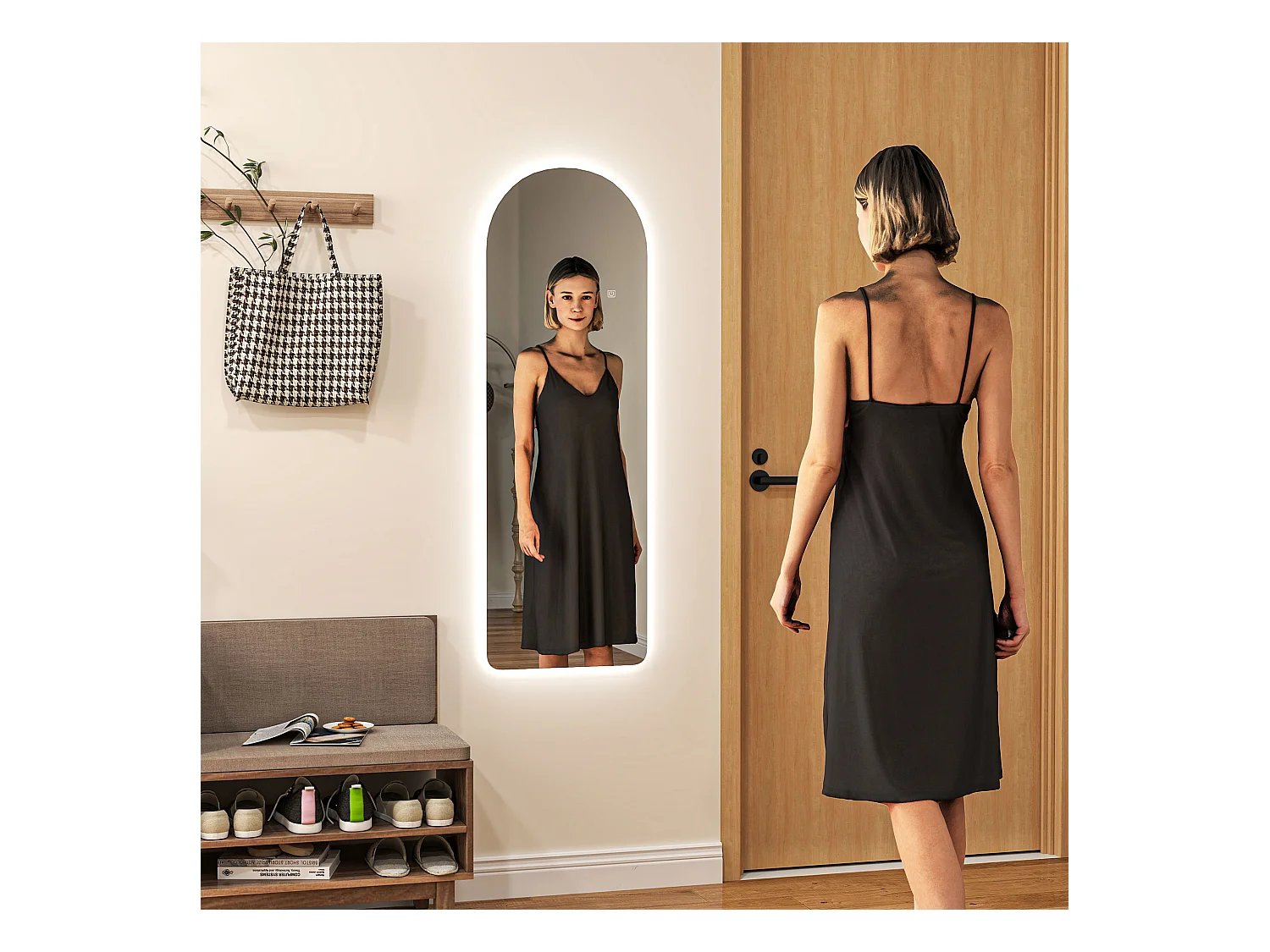 Miroir mural LED arqué pleine longueur dim. 40L x 120H cm - miroir LED réglable tactile - verre trempé