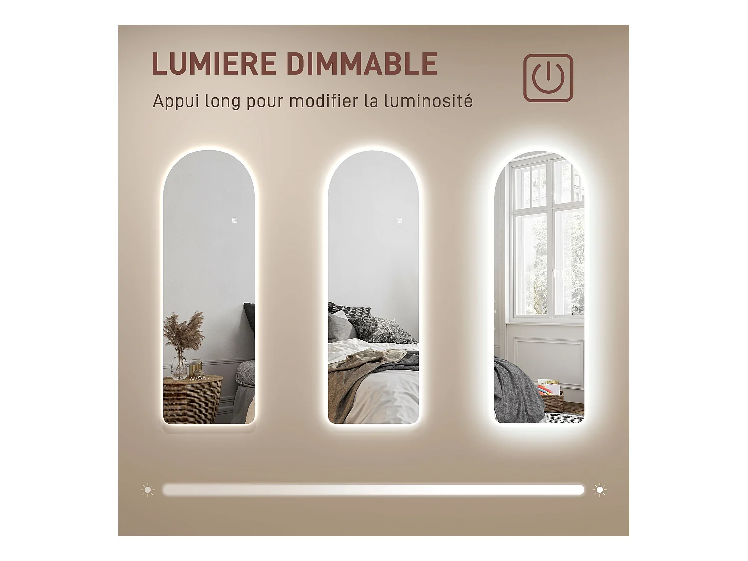 Miroir mural LED arqué pleine longueur dim. 40L x 120H cm - miroir LED réglable tactile - verre trempé