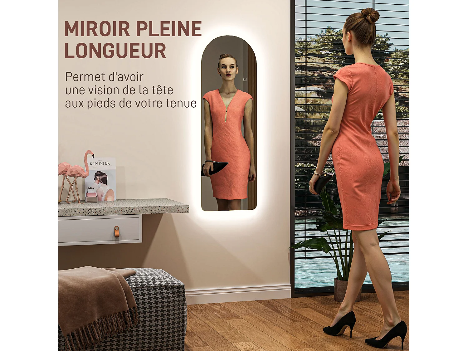 Miroir mural LED arqué pleine longueur dim. 40L x 120H cm - miroir LED réglable tactile - verre trempé