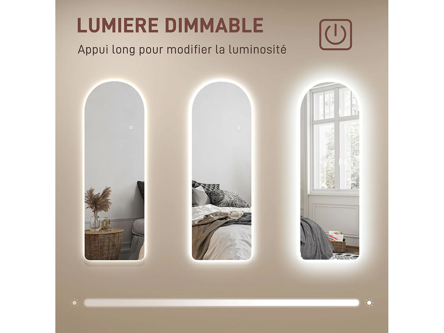 Miroir mural LED arqué pleine longueur dim. 40L x 120H cm - miroir LED réglable tactile - verre trempé