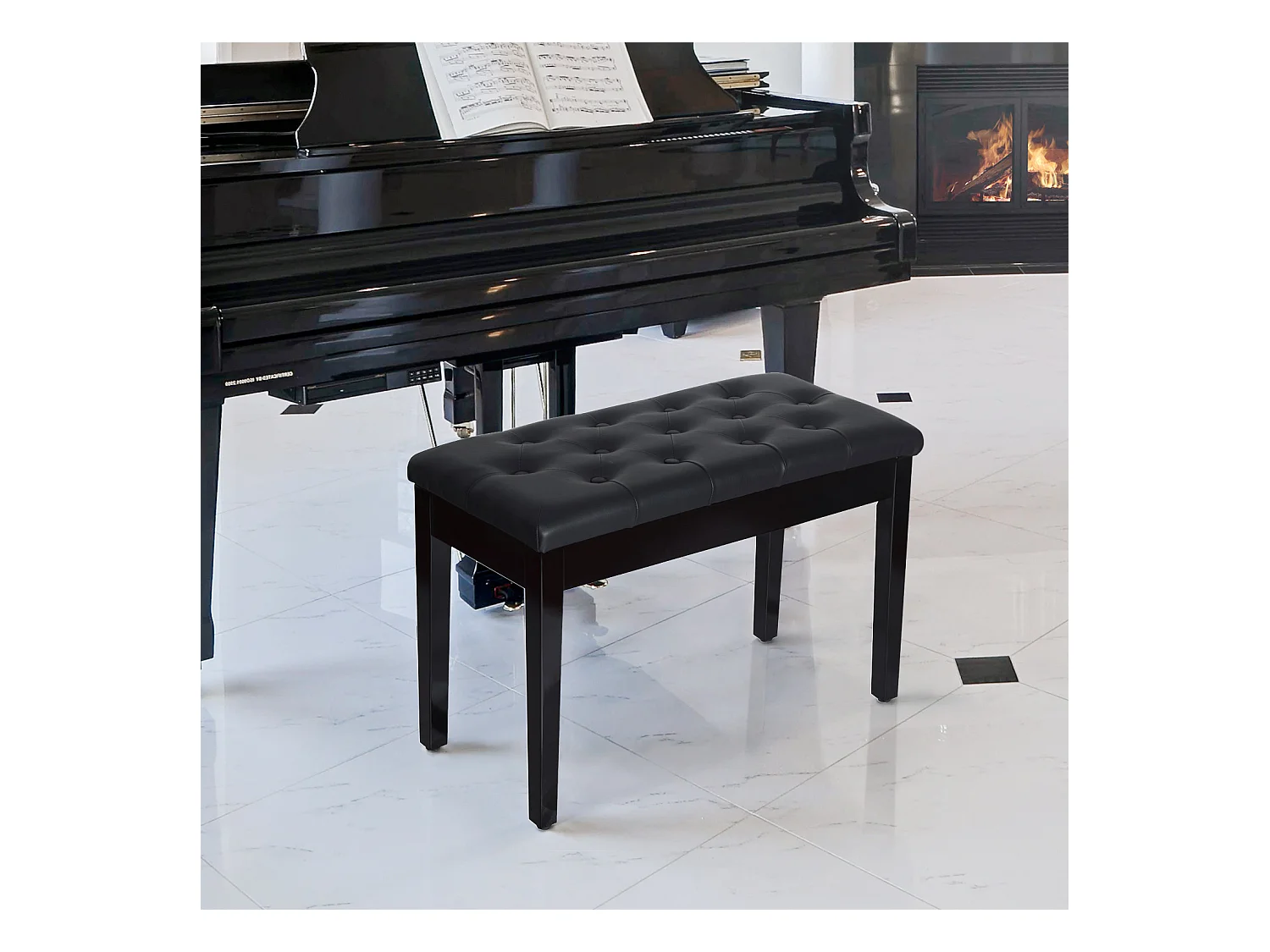 Banquette tabouret siège pour piano avec coffre de rangement pied bois caoutchouc assise capitonnée revêtement synthétique noir