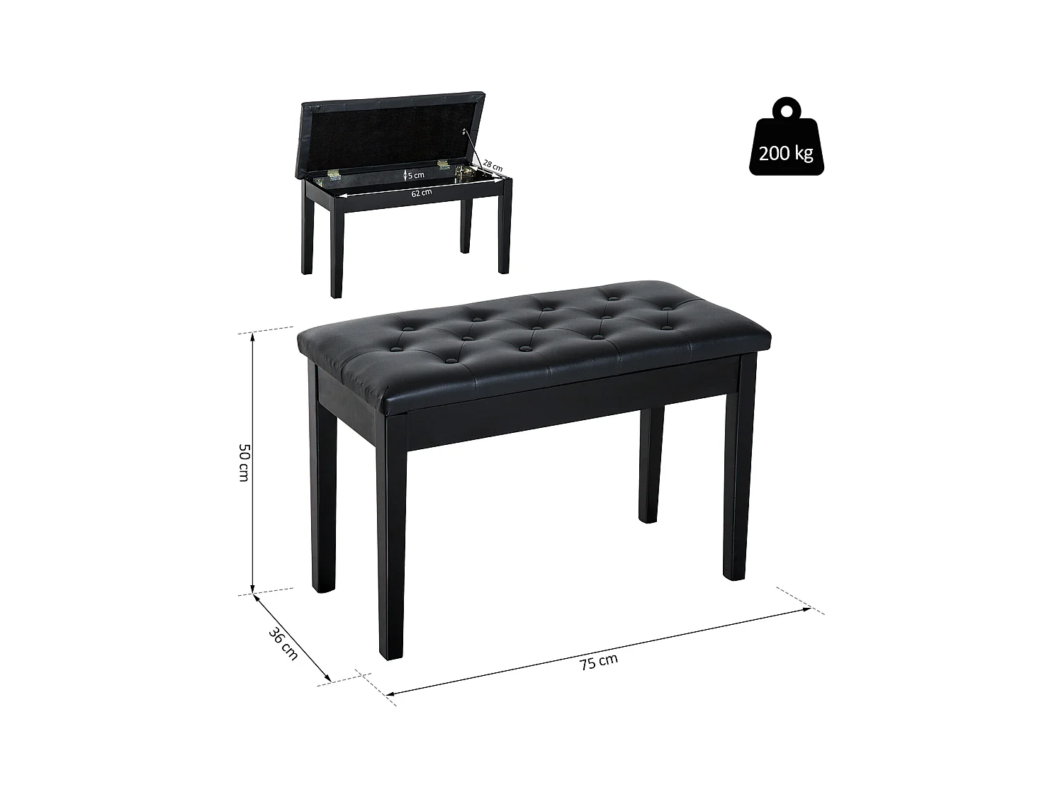 Banquette tabouret siège pour piano avec coffre de rangement pied bois caoutchouc assise capitonnée revêtement synthétique noir