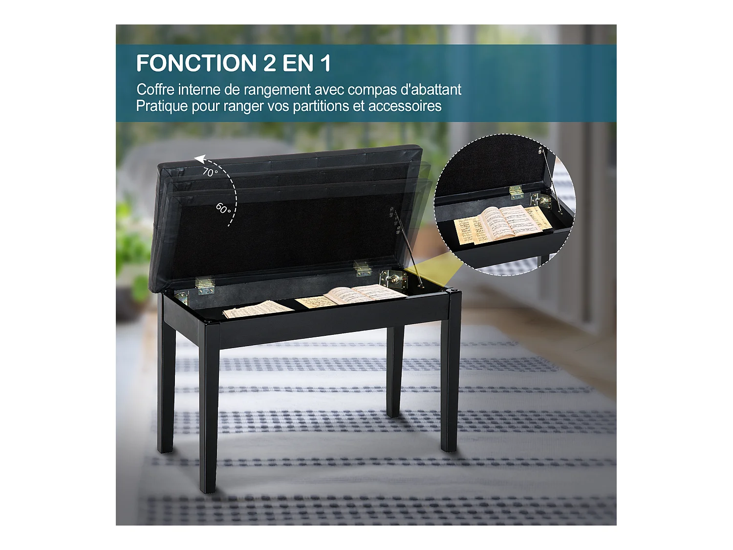 Banquette tabouret siège pour piano avec coffre de rangement pied bois caoutchouc assise capitonnée revêtement synthétique noir