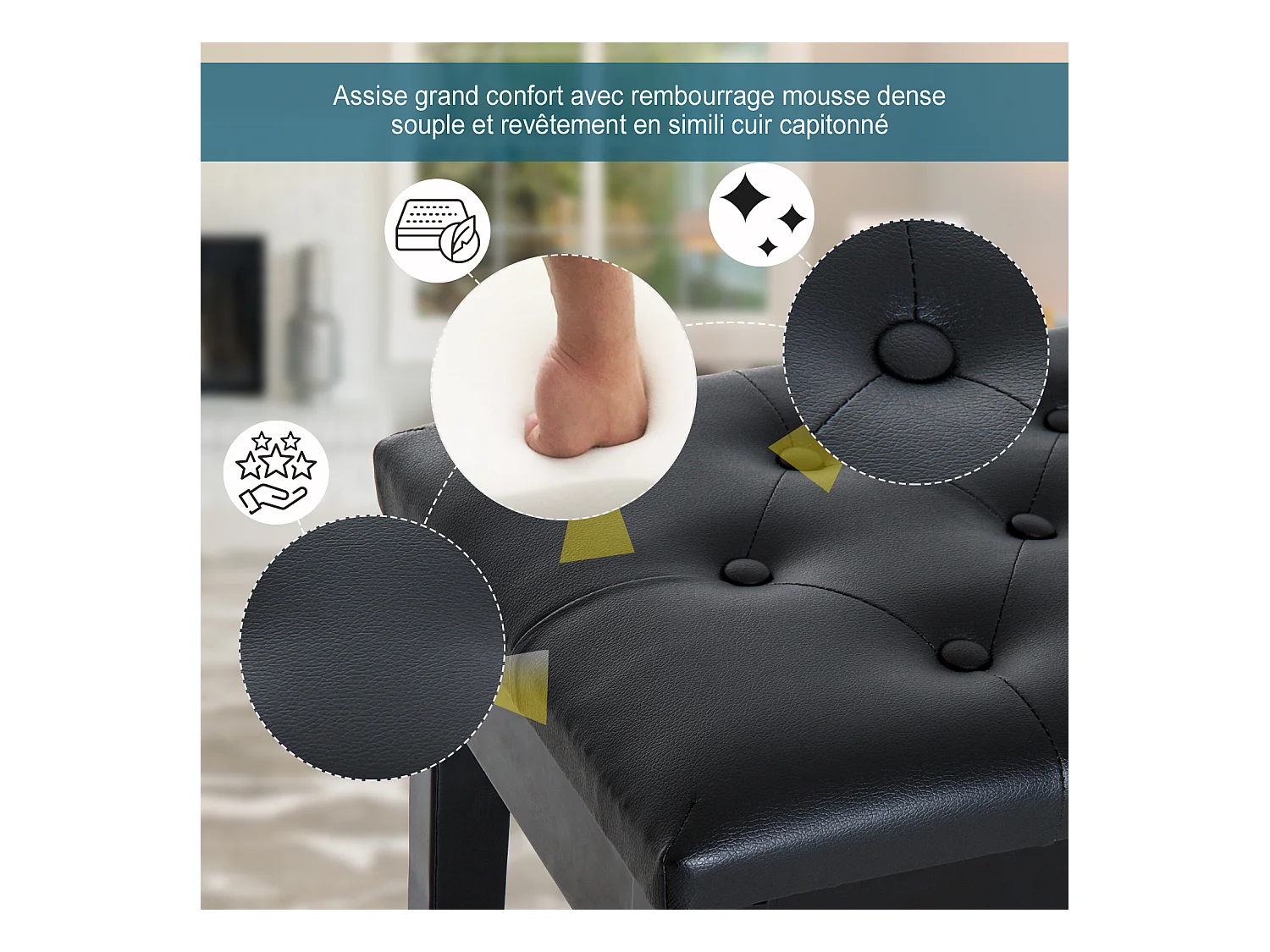Banquette tabouret siège pour piano avec coffre de rangement pied bois caoutchouc assise capitonnée revêtement synthétique noir
