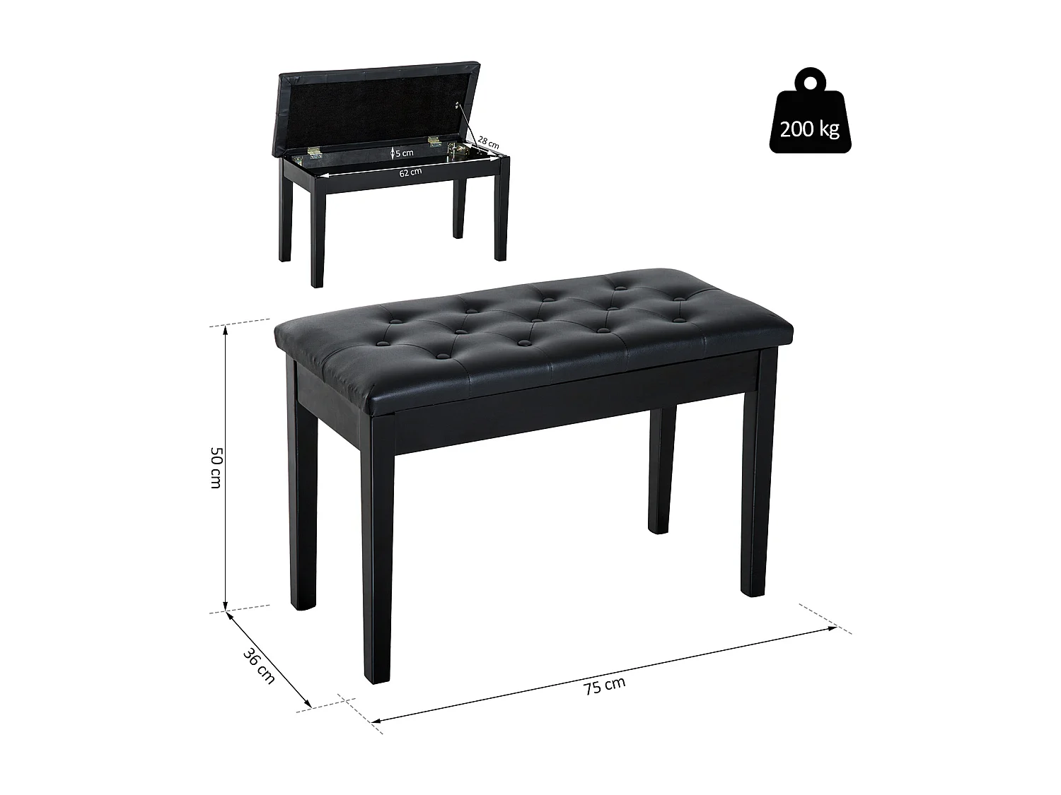 Banquette tabouret siège pour piano avec coffre de rangement pied bois caoutchouc assise capitonnée revêtement synthétique noir