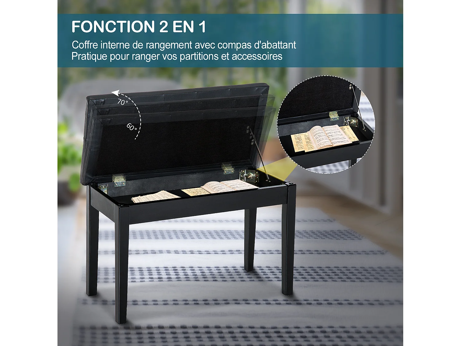 Banquette tabouret siège pour piano avec coffre de rangement pied bois caoutchouc assise capitonnée revêtement synthétique noir