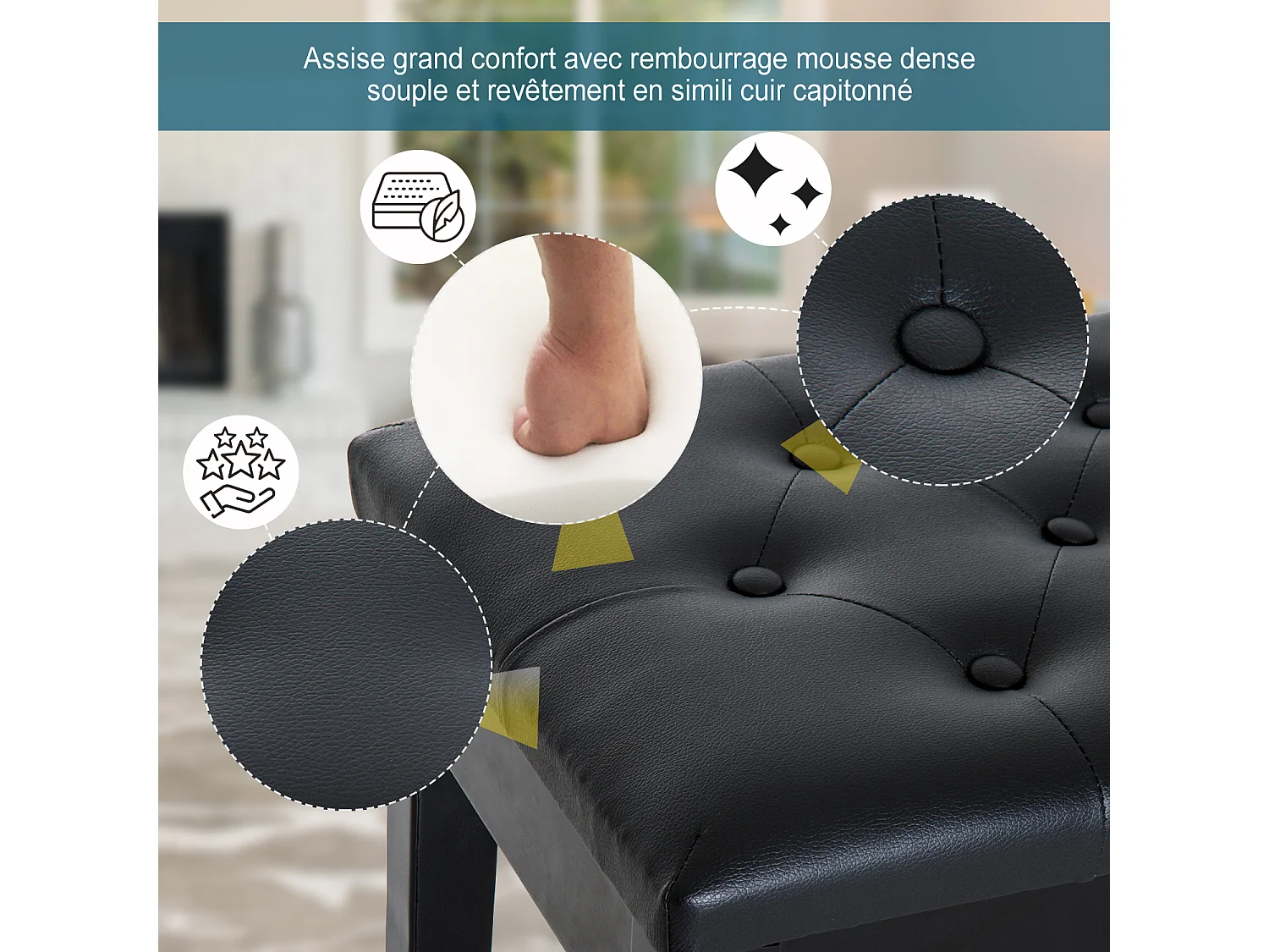 Banquette tabouret siège pour piano avec coffre de rangement pied bois caoutchouc assise capitonnée revêtement synthétique noir