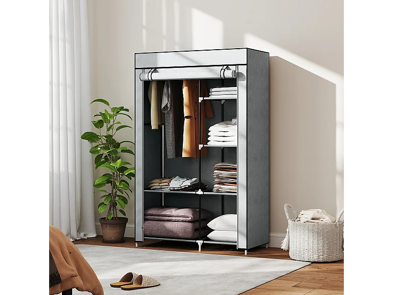 Armoire penderie multi-rangement - 6 étagères, 1 barre - dim. 103L x 43l x 162,5H cm - acier noir non tissé gris clair