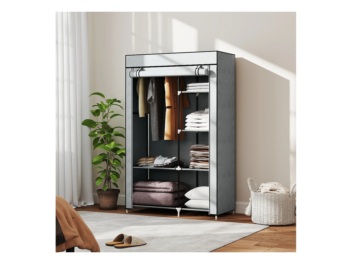 Armoire penderie multi-rangement - 6 étagères, 1 barre - dim. 103L x 43l x 162,5H cm - acier noir non tissé gris clair
