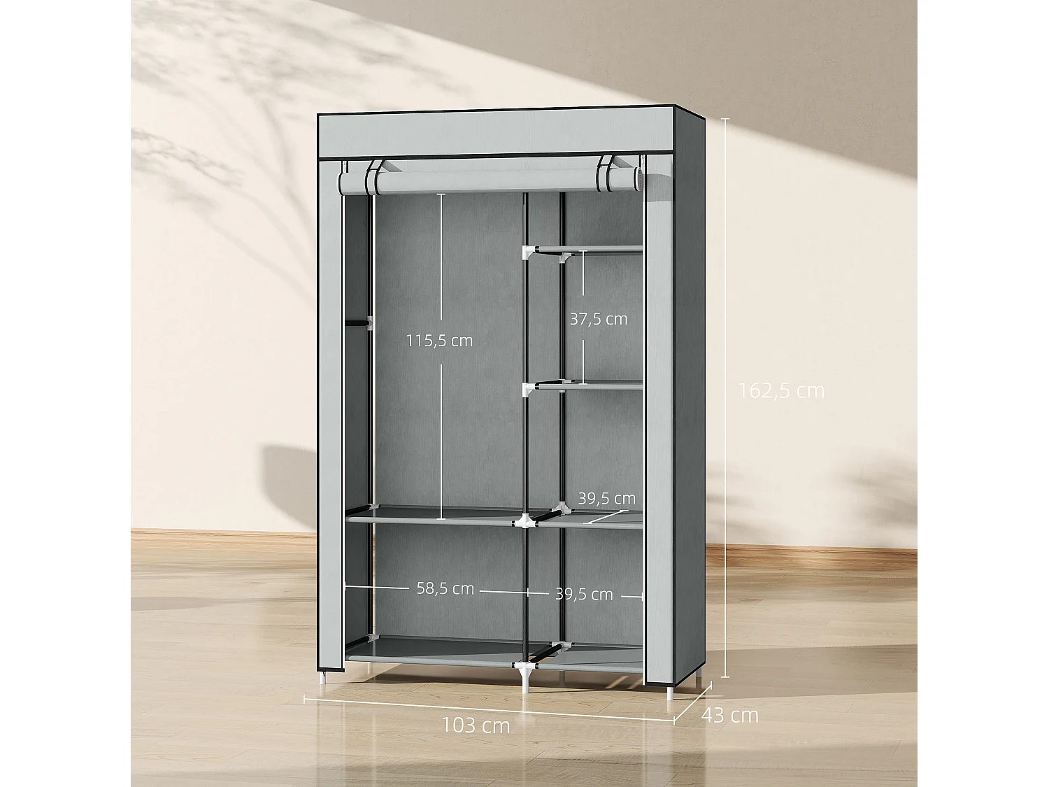 Armoire penderie multi-rangement - 6 étagères, 1 barre - dim. 103L x 43l x 162,5H cm - acier noir non tissé gris clair