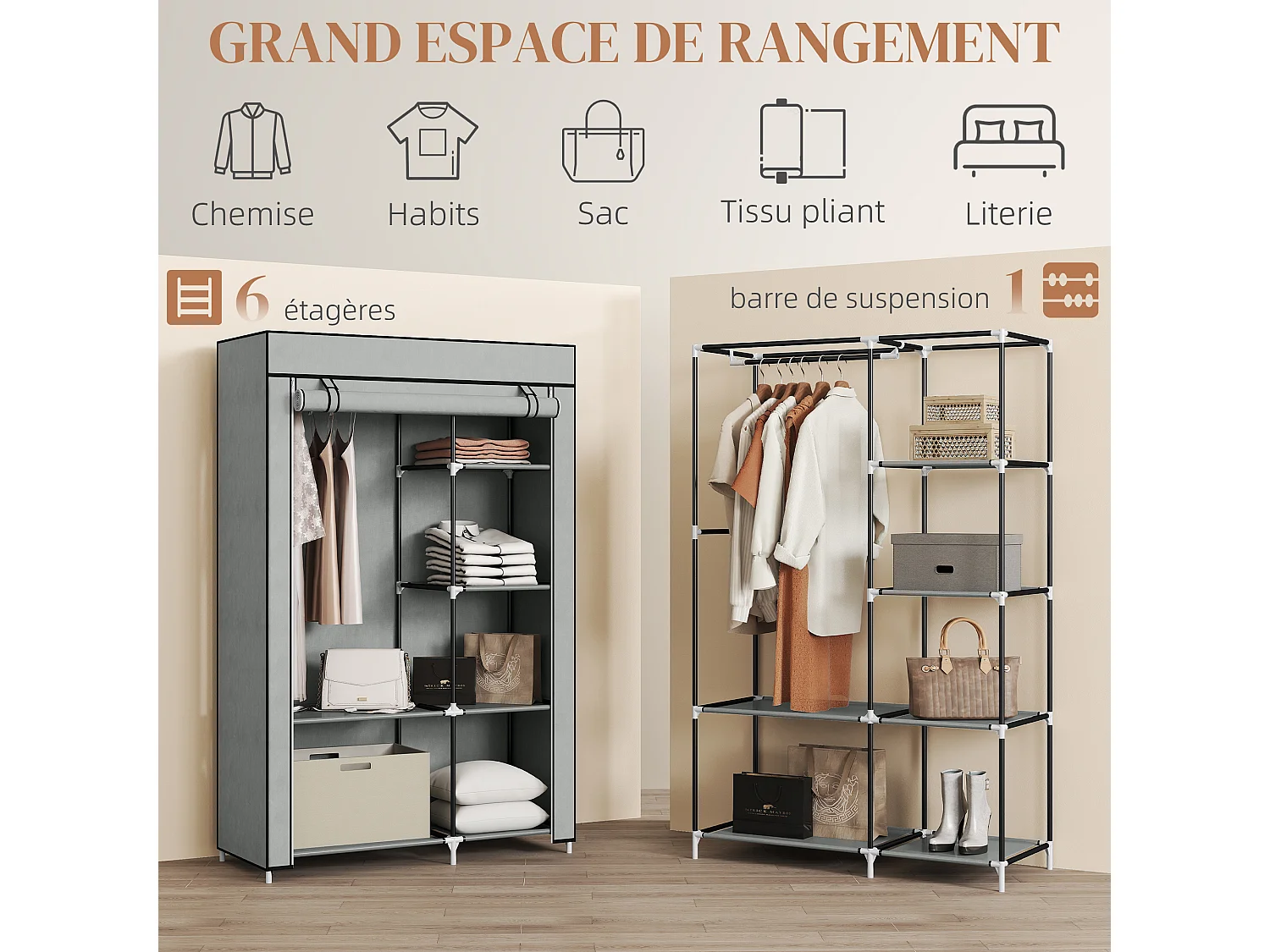 Armoire penderie multi-rangement - 6 étagères, 1 barre - dim. 103L x 43l x 162,5H cm - acier noir non tissé gris clair