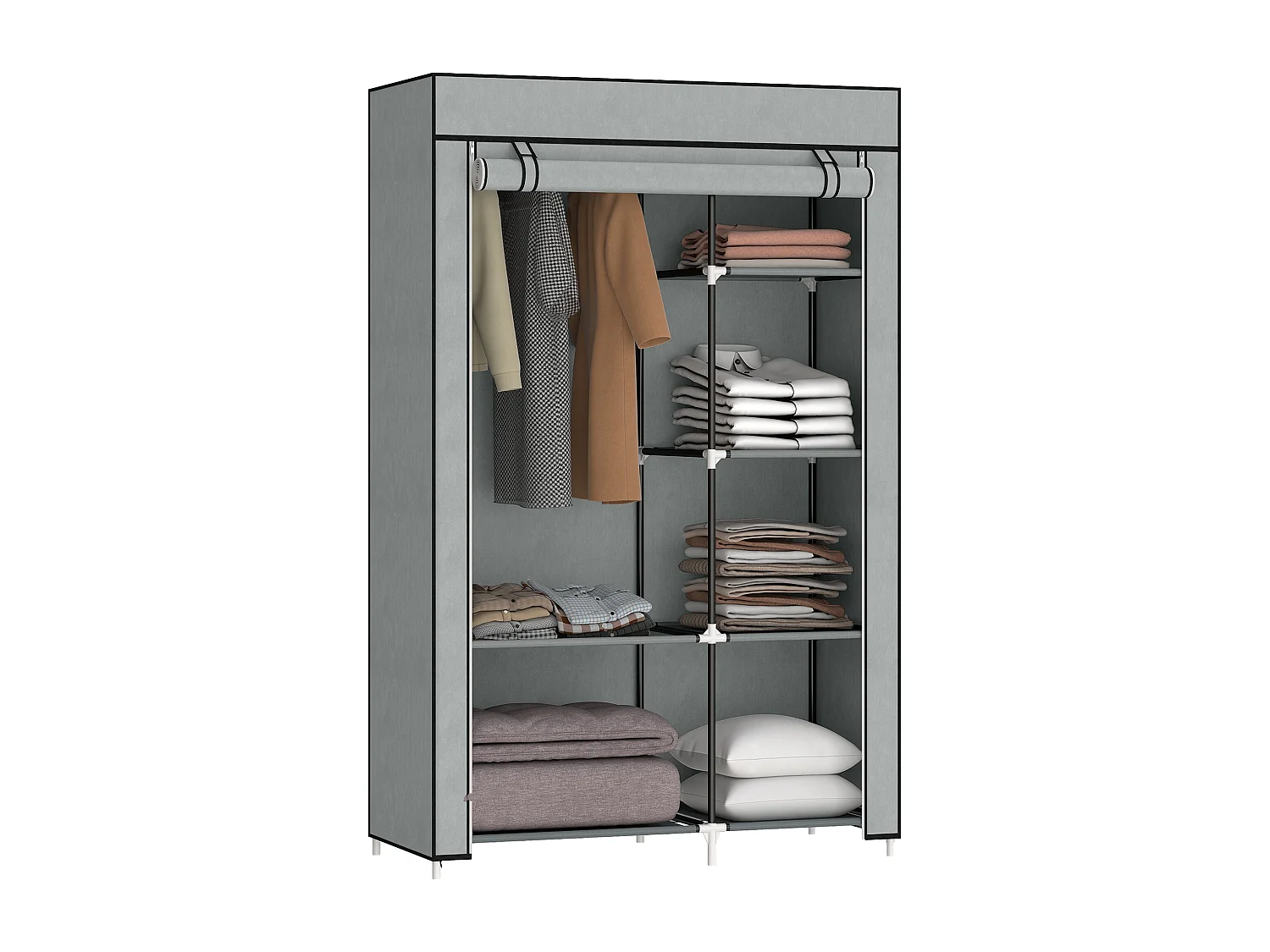 Armoire penderie multi-rangement - 6 étagères, 1 barre - dim. 103L x 43l x 162,5H cm - acier noir non tissé gris clair