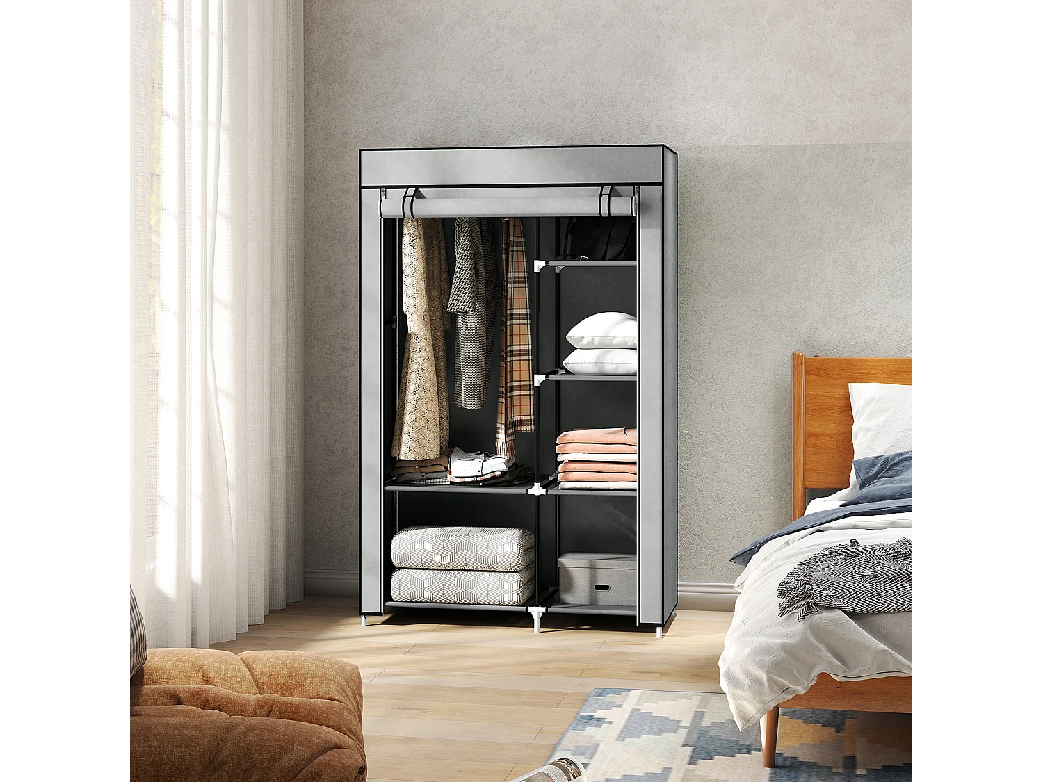 Armoire penderie multi-rangement - 6 étagères, 1 barre - dim. 103L x 43l x 162,5H cm - acier noir non tissé gris clair