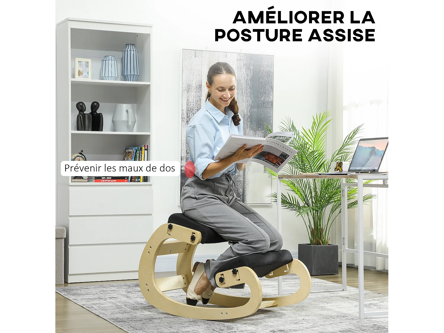 Siège ergonomique - siège assis-genoux - chaise assis genoux grand confort - bois bouleau tissu noir