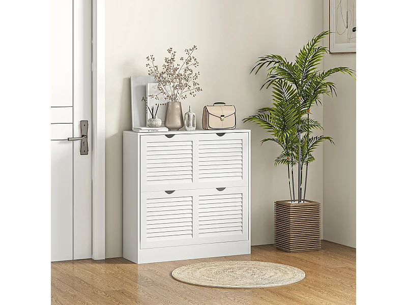 Meuble à chaussures design 2 portes persiennes - max. 16 paires - MDF blanc