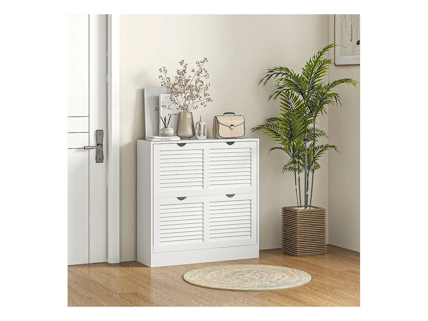 Meuble à chaussures design 2 portes persiennes - max. 16 paires - MDF blanc