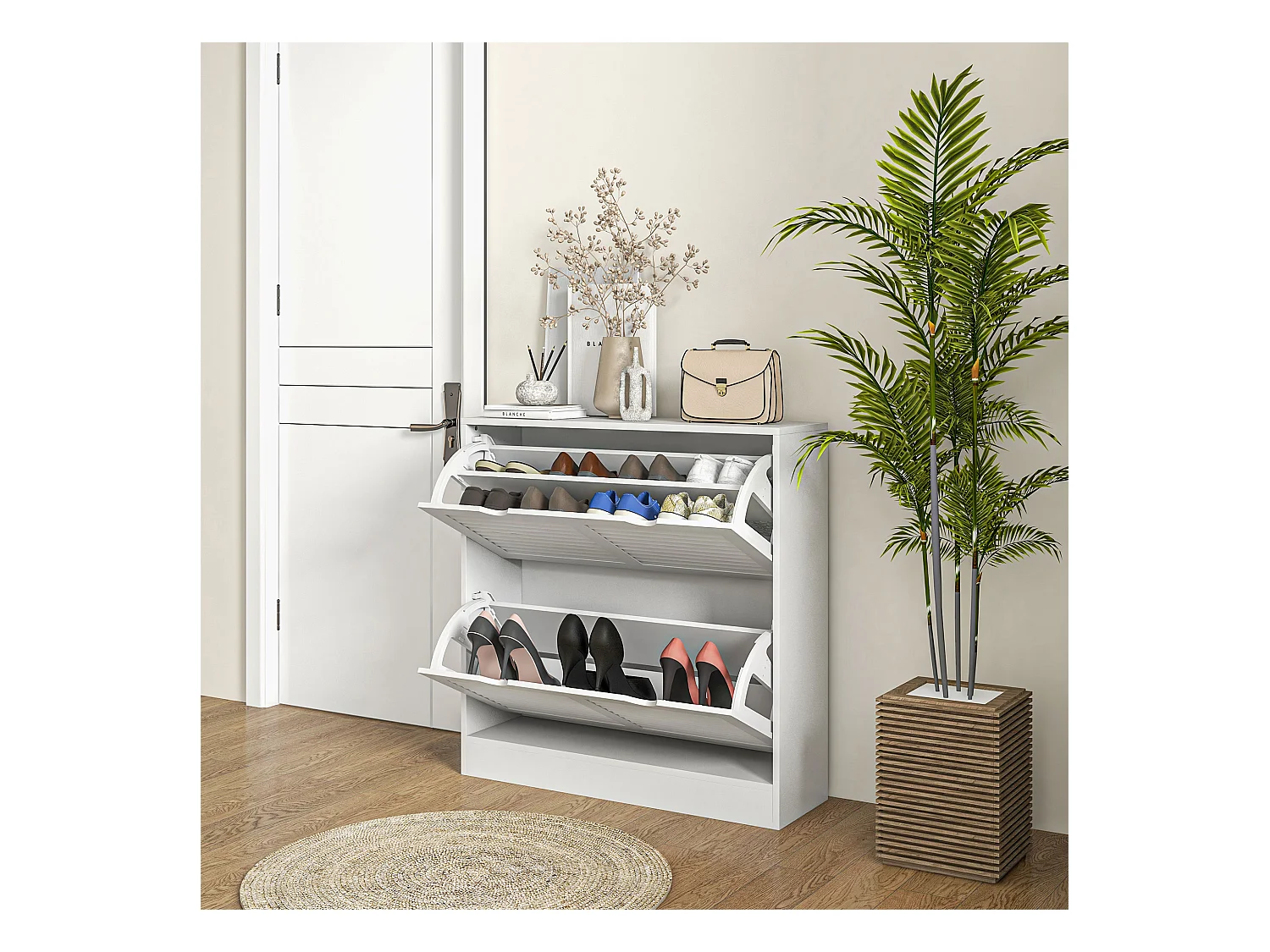 Meuble à chaussures design 2 portes persiennes - max. 16 paires - MDF blanc