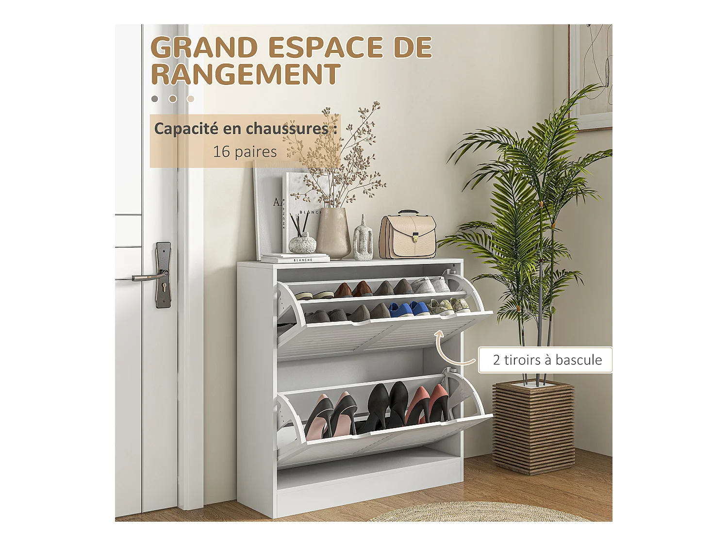Meuble à chaussures design 2 portes persiennes - max. 16 paires - MDF blanc