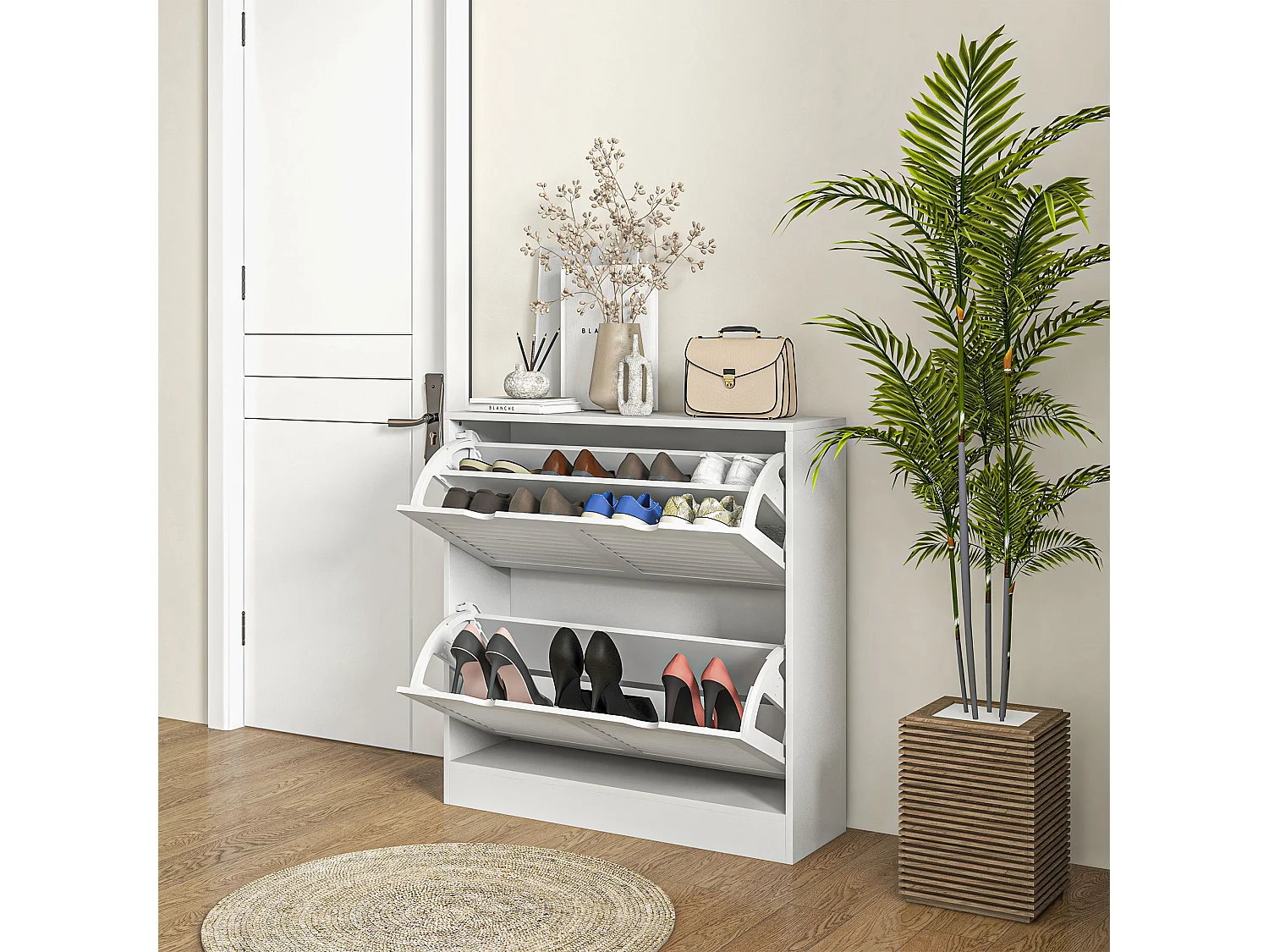 Meuble à chaussures design 2 portes persiennes - max. 16 paires - MDF blanc