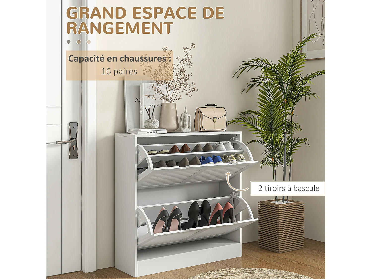 Meuble à chaussures design 2 portes persiennes - max. 16 paires - MDF blanc
