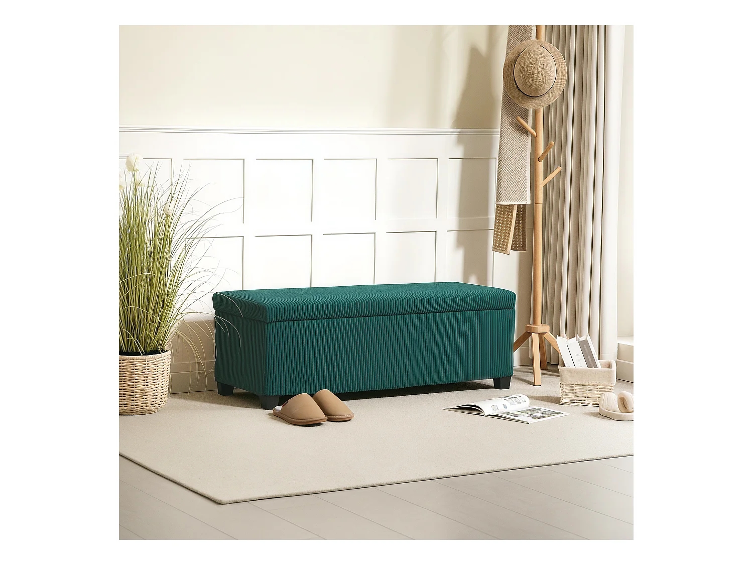 Banquette coffre design velours côtelé - dim. 112 x 42 x 40 cm rangement 84L - vert