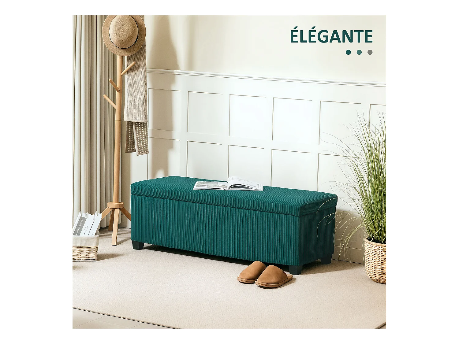 Banquette coffre design velours côtelé - dim. 112 x 42 x 40 cm rangement 84L - vert