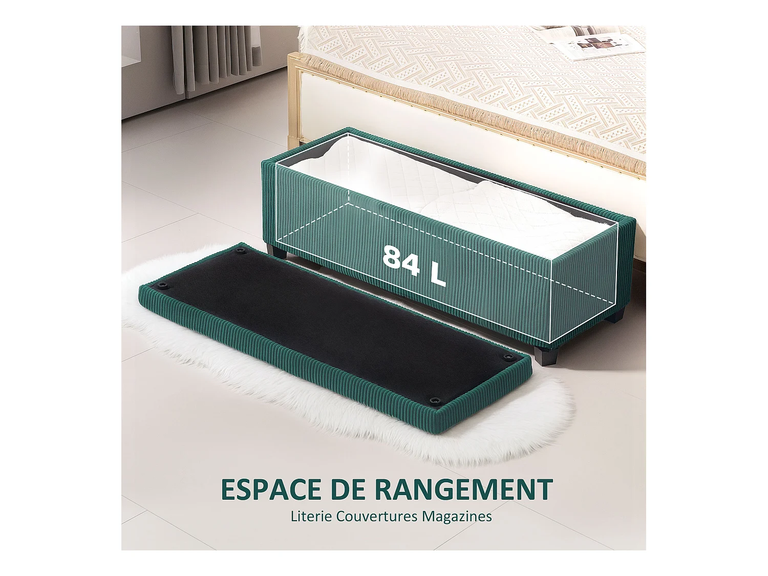 Banquette coffre design velours côtelé - dim. 112 x 42 x 40 cm rangement 84L - vert
