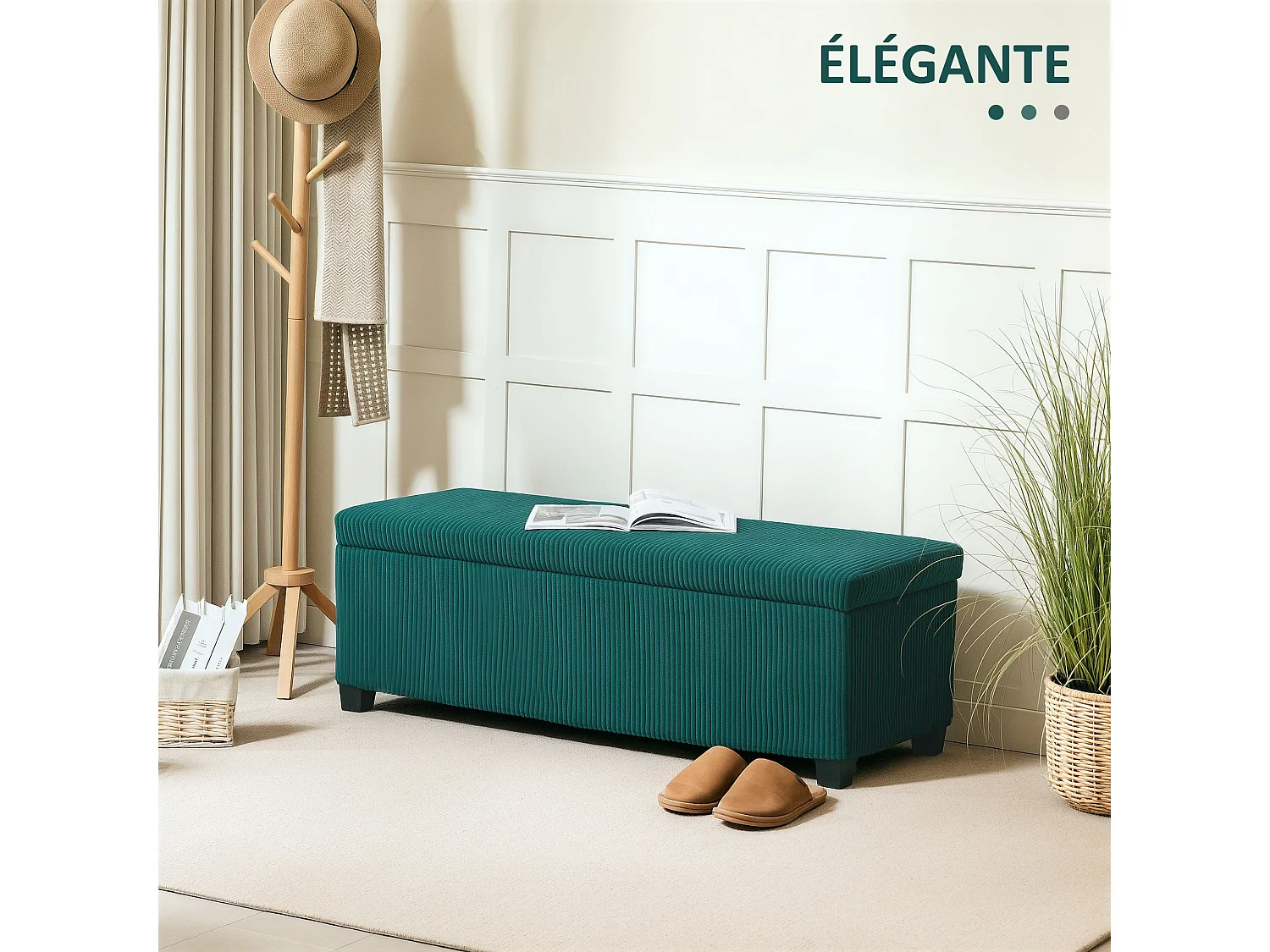 Banquette coffre design velours côtelé - dim. 112 x 42 x 40 cm rangement 84L - vert