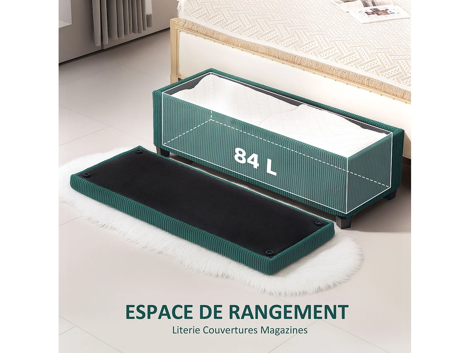 Banquette coffre design velours côtelé - dim. 112 x 42 x 40 cm rangement 84L - vert