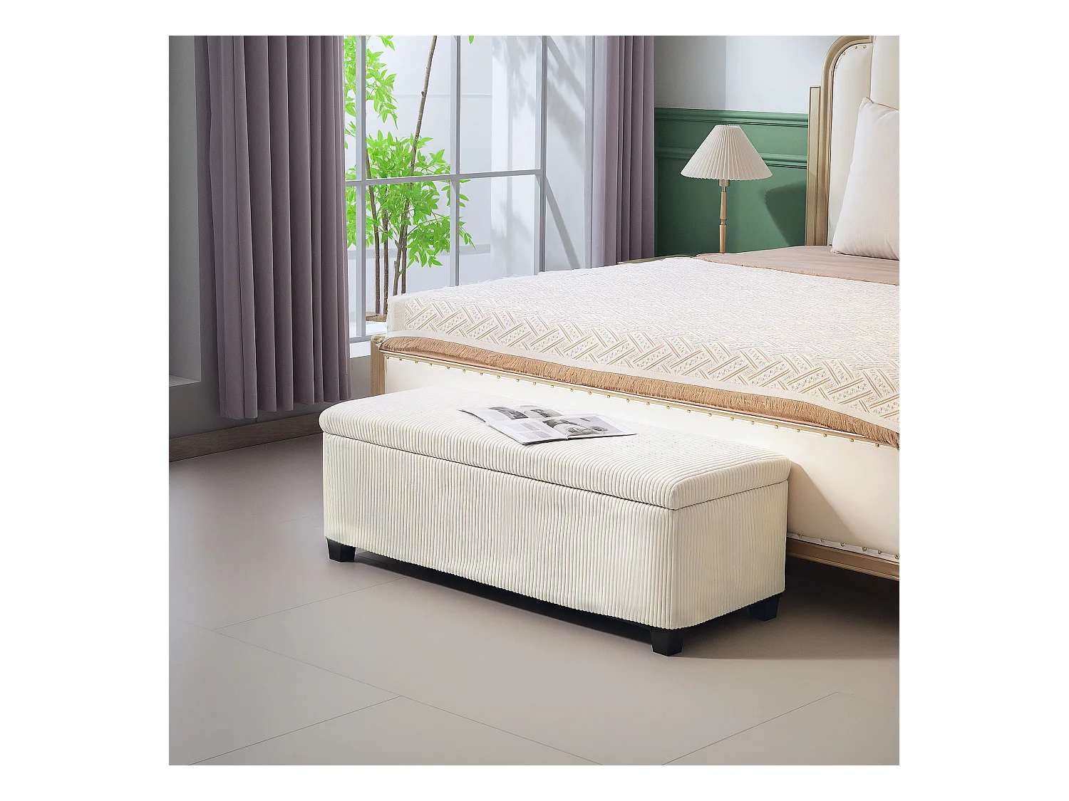 Banquette coffre design velours côtelé - dim. 112 x 42 x 40 cm rangement 84L - beige clair